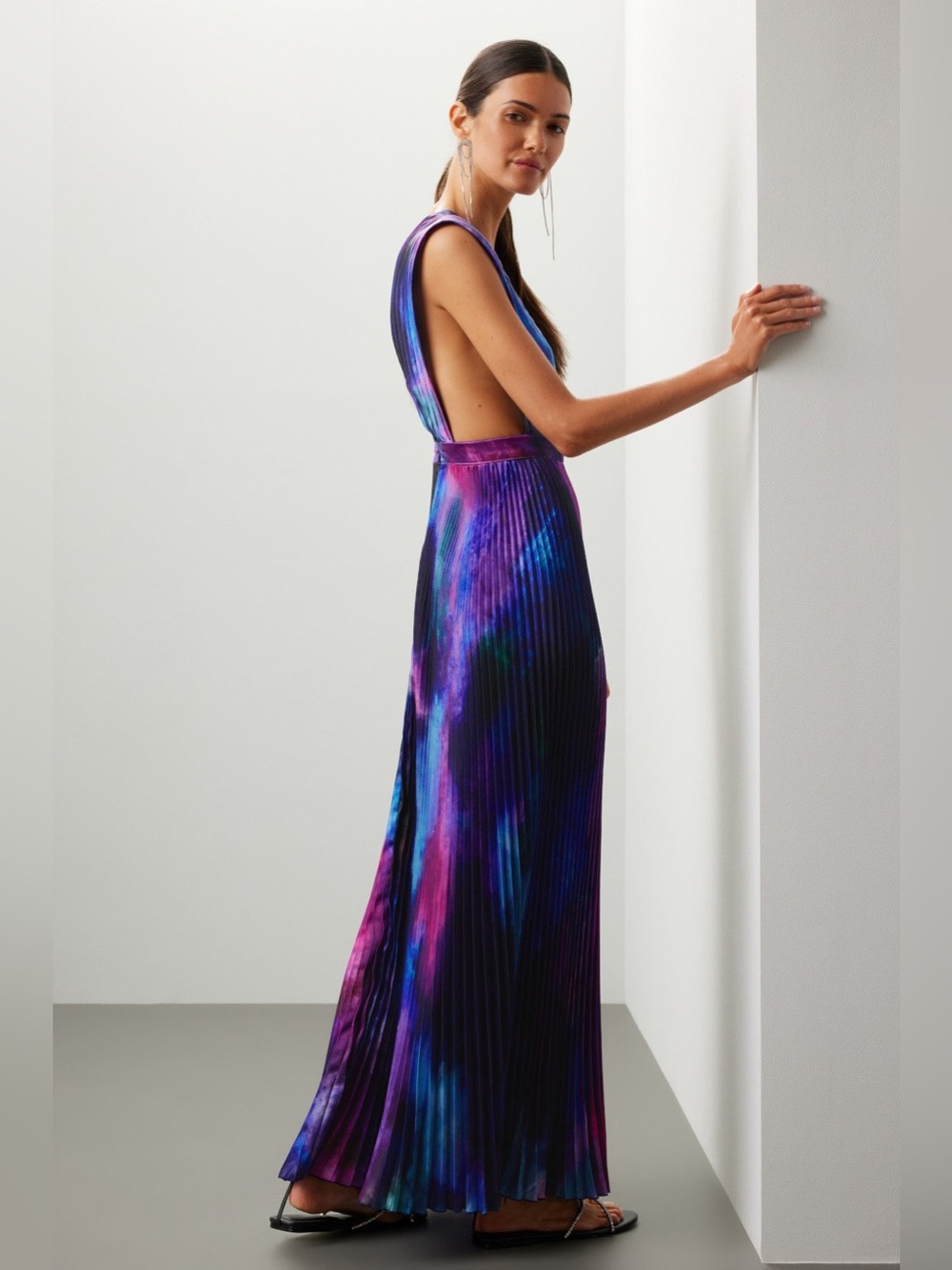 L’idee Deep V Pleated Evening Dress Blue Prple Printed Gala Gown Size UK 10 US 6 - Picture 3 of 11